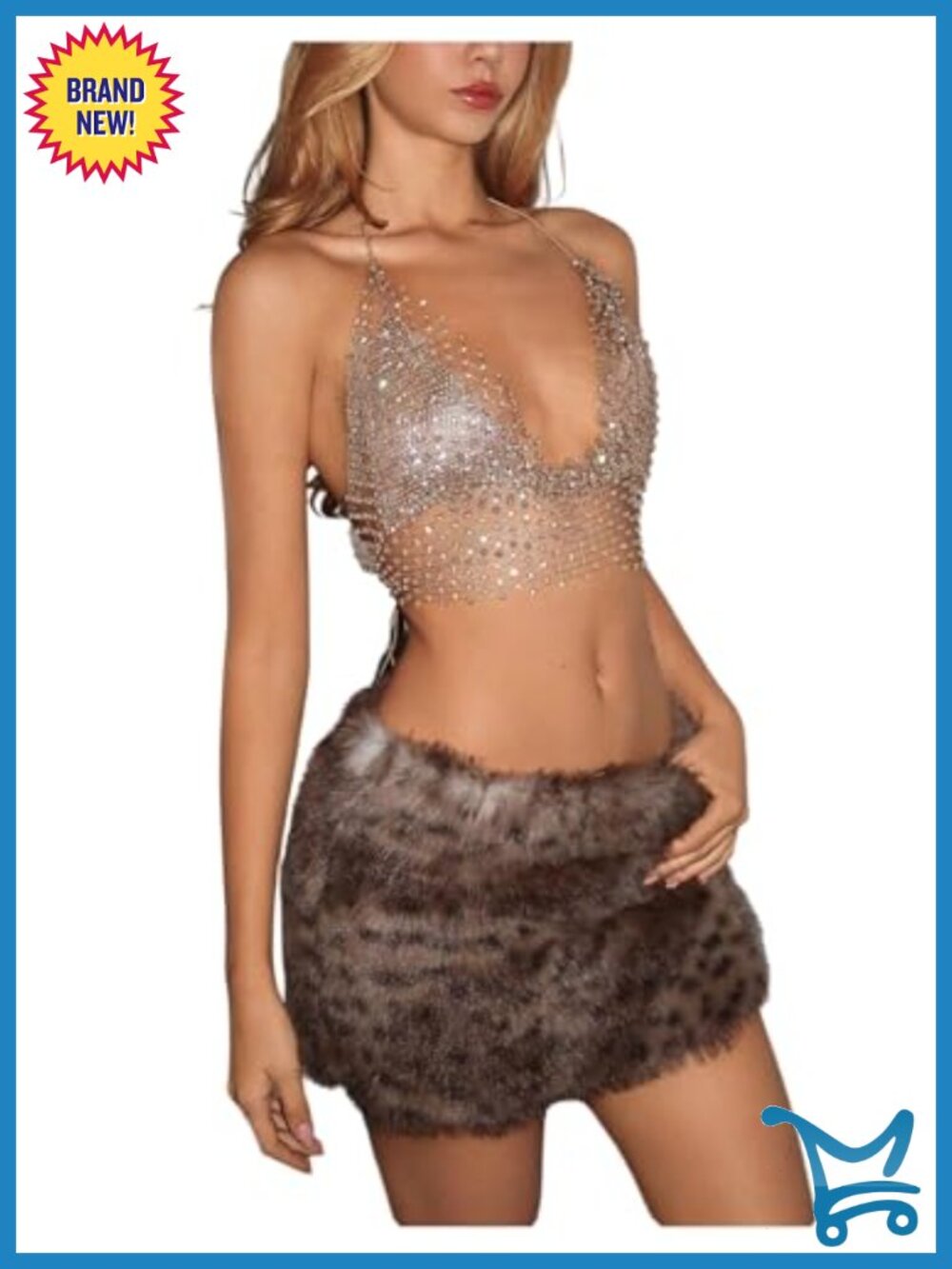 Rhinestone Fishnet Halter Crop Top See-Through Party Club Top